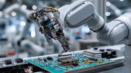 Fototapeta premium robotic arm assembling electronics in clean factory 
