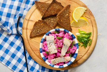 Traditional Swedish salad with herring, apple and beetroot.top veiw