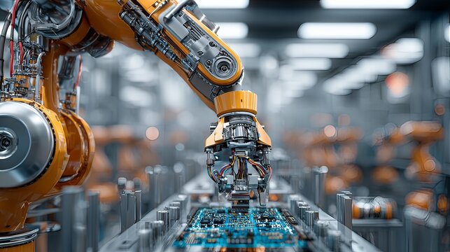 robotic arm assembling electronics in clean factory 