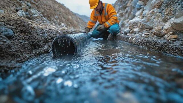 Pipeline Installation: A dedicated worker, fully engaged, ensures the precise and secure installation of a large pipeline in a challenging, water-filled trench.