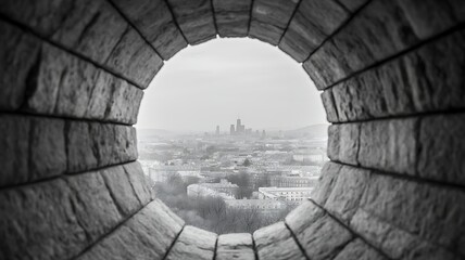 Stone archway framing distant city skyline window
