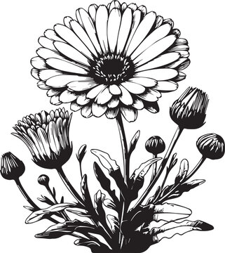 Ringelblume, Calendula officinalis, procreate digital drawing, line art, botanical illustration black vector illustration