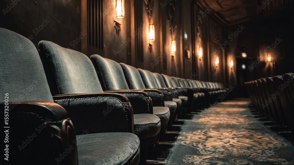 Poster rows of empty plush theatre seats under soft aisle lighting with vintage floor patterns
