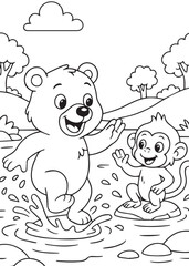 Coloring book bear playing in a puddle with a monkey friend