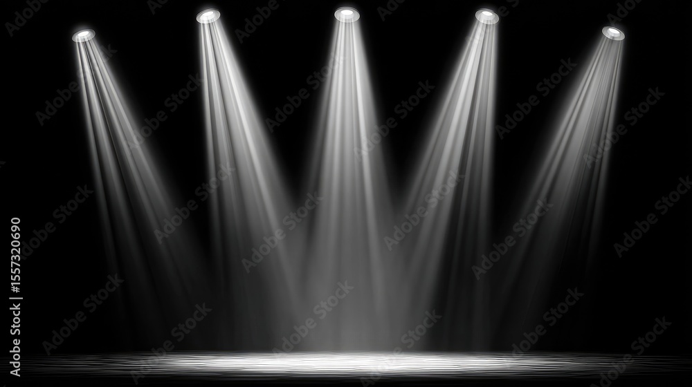 Poster spotlights arranged above stage creating perfect triangular light on center floor