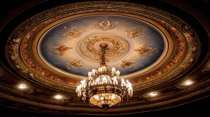 Soft glow from chandelier above ornate theater ceiling with classical motifs