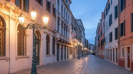 Naklejka premium Venetian street lamps illuminate cobblestone pathway at dusk venice