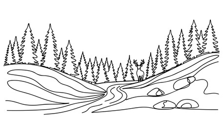 Forest landscape with a deer, a river, pine trees,  nature, wilderness line art.