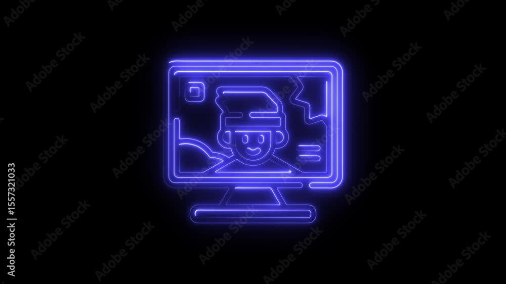 Poster animated neon monitor icon displaying smiling face symbolizing online communication digital