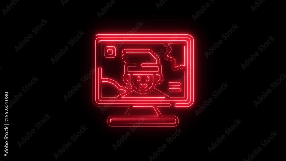 Poster neon icon of a person on a computer screen glowing red on black background representing online