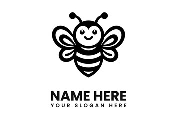 A stylized black and white illustration of a friendly bee logo.