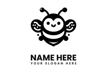 A stylized, black and white cartoon bee with a happy face and rounded body.