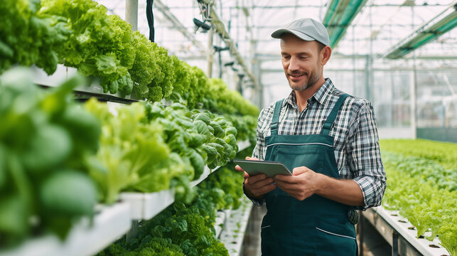man working in greenhouse holding tablet and examining fresh green lettuce plants in modern hydroponic farm with natural light