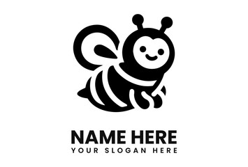 A stylized black and white cartoon bee smiling with text below.