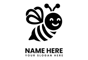 A stylized, black and white cartoon bee illustration with a smiling face and text below.