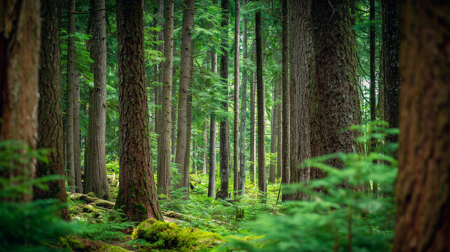 dense forest with tall trees and lush green foliage, sunlight filtering through, vibrant natural landscape filled with moss and ferns in summer season