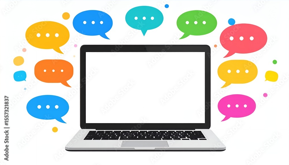 Poster a modern laptop computer with a blank screen surrounded by colorful speech bubbles representing onli