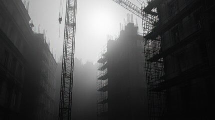 Monochrome Urbanization Vision: Foggy Construction Site with Cranes and Scaffolding
