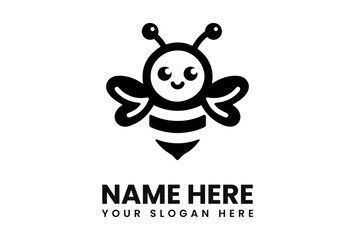 Black and white cartoon illustration of a smiling bee with wings and antennae, above placeholder text.