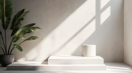 Modern White Geometric Product Display Podium with Window Shadows and Bird of Paradise Plant - Minimalist Interior Scene with Natural Lighting and Tropical Greenery