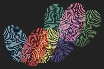 Colorful abstract fingerprint patterns on black background, biometric security identity vector art.