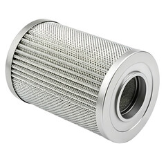 Industrial metal cylinder filter element with fine mesh and silver end caps isolated on transparent background