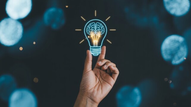 Hand holding glowing light bulb with brain inside, creative idea innovation and thinking concept.