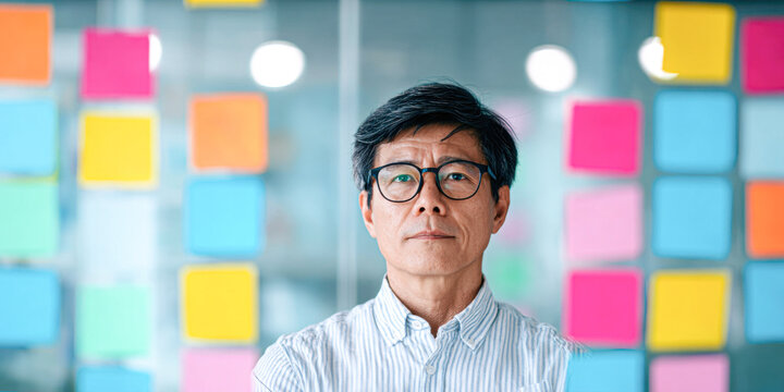 A focused man wearing glasses stands in front of a wall covered with colorful sticky notes, suggesting brainstorming or planning in a creative workspace.