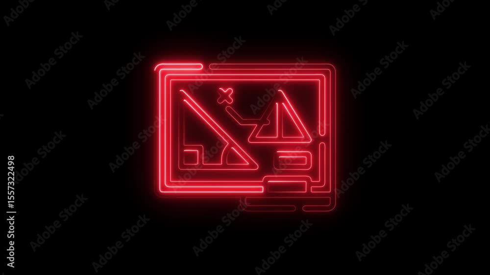 Poster illuminated red neon graphic illustration of a digital interface displaying abstract data
