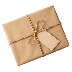 Brown paper wrapped gift box with twine and blank tag isolated on transparent background