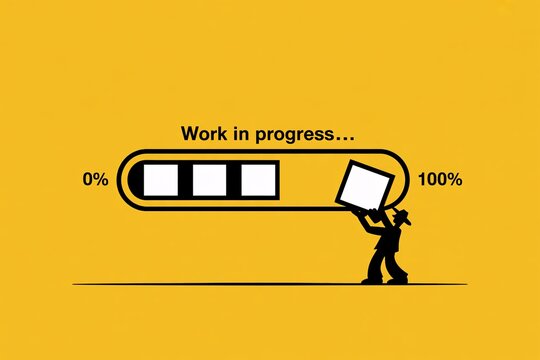 Creative work in progress loading bar illustration with character carrying block on yellow background.