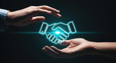 Two Hands Creating A Glowing Handshake Icon On Black Background Representing Partnership