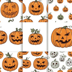 Create a kinds of deferent Seamless pattern with colorful pumpkins. Vector hand drawn illustration. Halloween vector art with white background.