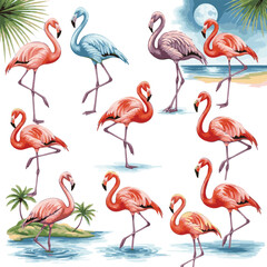 Create a kinds of deferent Set of watercolor exotic flamingos vector art with white background.
