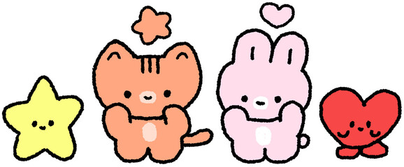 고양이 토끼 별 하트 캐릭터가 함께 있는 손그림 일러스트 스티커 © titi.drawing