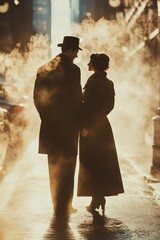 A couple dressed in vintage attire share a moment on a misty, dimly lit city street at night, surrounded by glowing steam.