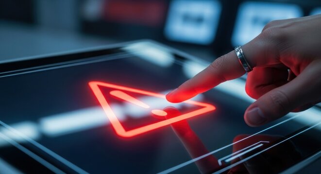 Hand Touching Illuminated Red Alert Symbol On Digital Screen Displaying Caution And Warning Signal