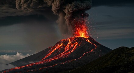 Dramatic volcanic eruption with lava and ash clouds.
