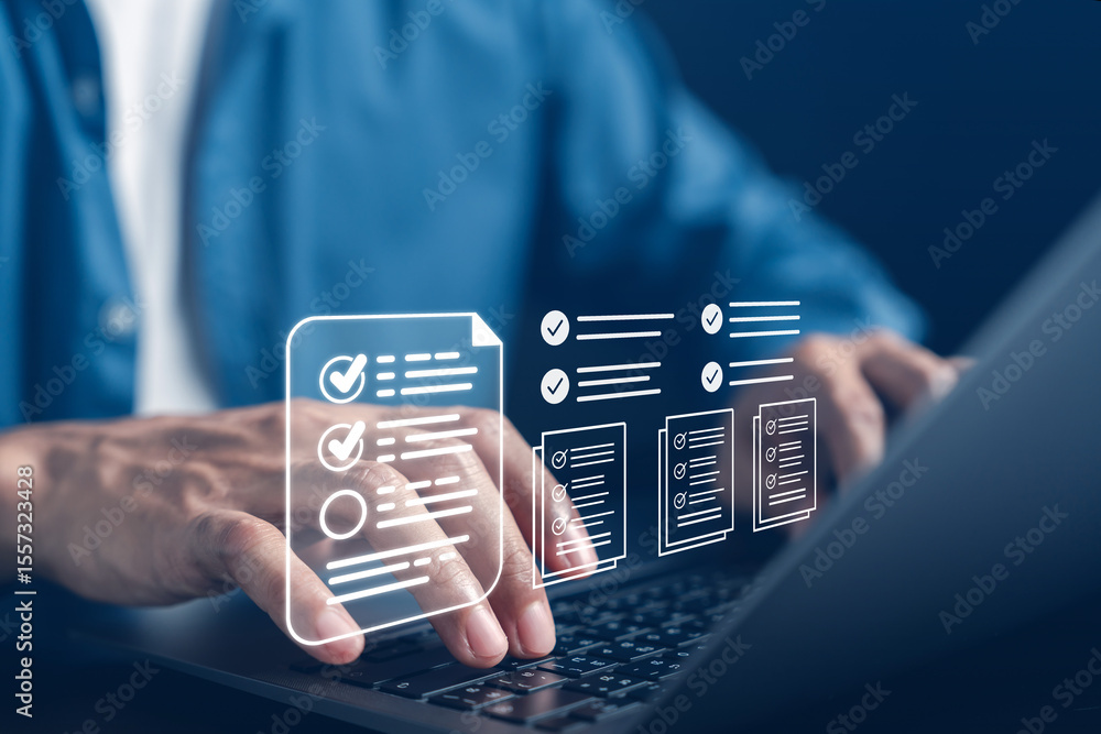 Fototapete Digital document checklist and online survey form concept. User interacting with digital forms on a laptop, showing task approval and checklist workflow for productivity and data submission systems.