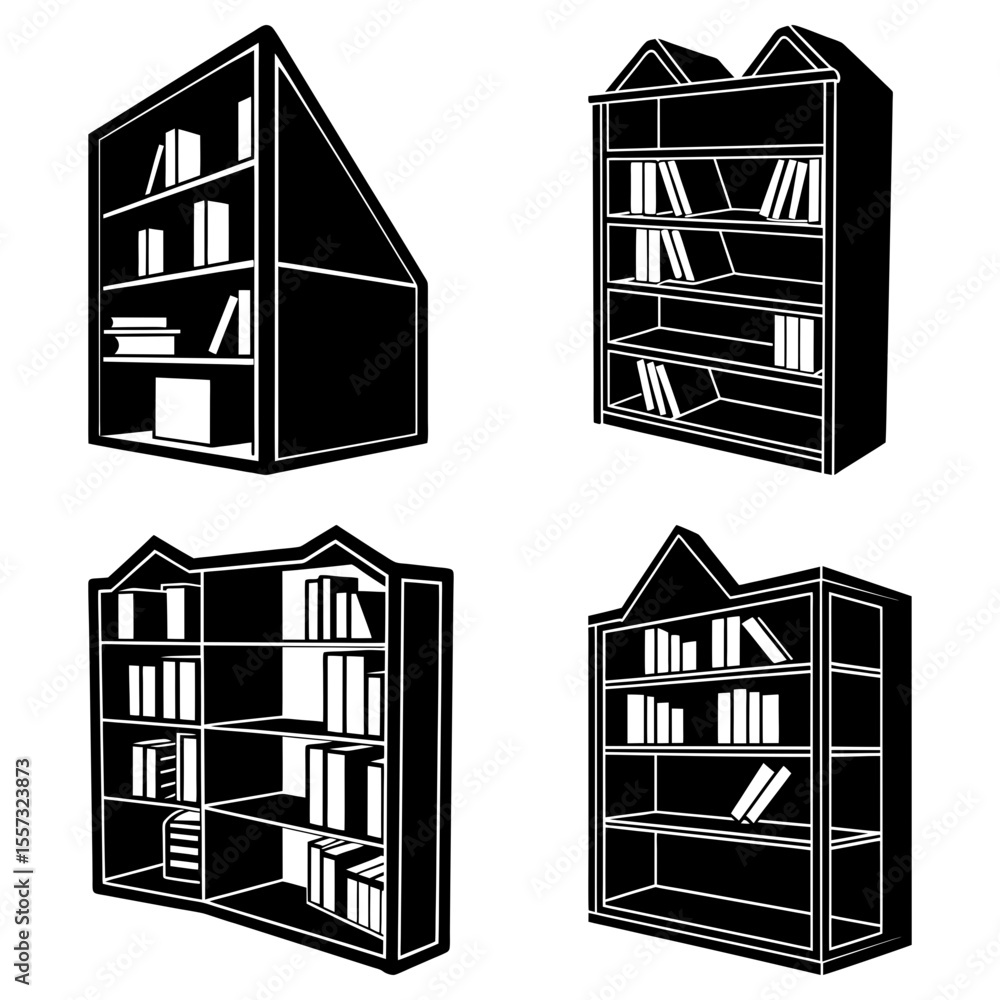 Fototapete Four desk setups with computers and storage in different styles in black and white illustration