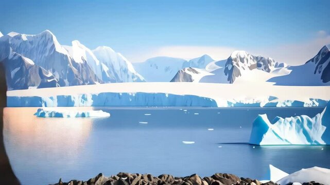 Elegant black and white auk bird perches on rocky terrain overlooking icebergs and ocean in cold Antarctic climate under blue sky