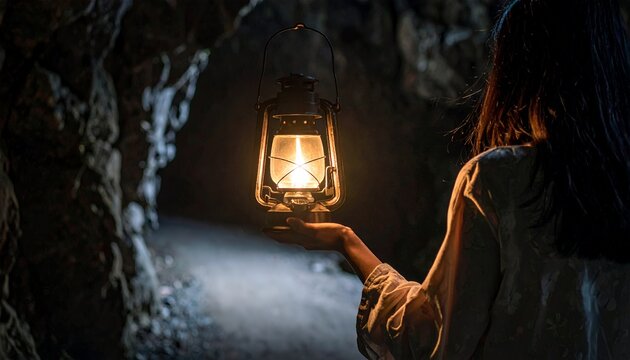 A woman holding a glowing lantern illuminates a dark cave, revealing the rough textured rock walls and the path ahead, creating an atmosphere of mystery.