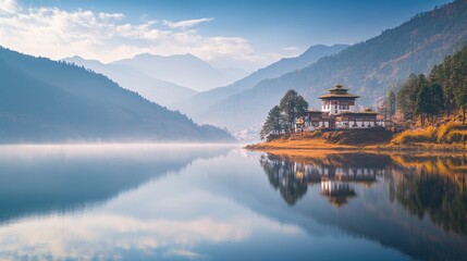 Pristine beauty, serene lake reflecting monastery and mountain vista
