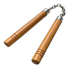 Traditional wooden nunchaku with metal chain and silver caps isolated on transparent background