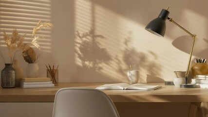 Desk with Open Book and Lamp Casting Soft Shadow Aesthetic Workspace - Powered by Adobe