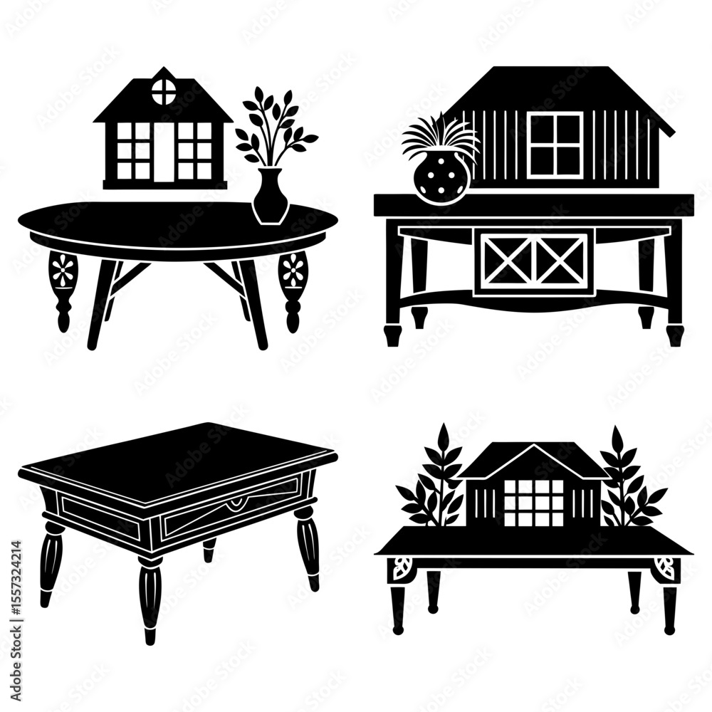 Aufkleber four folding tables displayed in a grid pattern with a black and white color scheme on a white backg