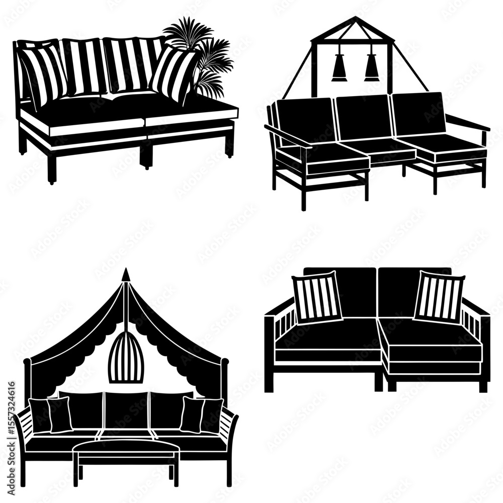 Poster black and white vector illustration of four different bar setups with stools and various drinks on t