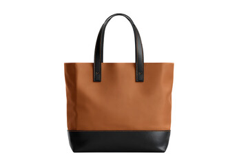 Stylish brown and black tote bag, isolated on black background.