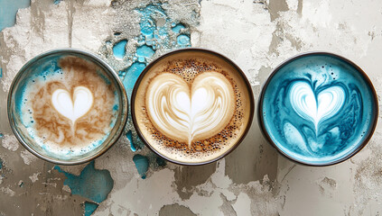 Three cups of latte one with brown coffee, two with blue milk, artistic color contrast