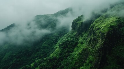 Obraz premium Verdant peaks enshrouded in mystical mists, a symphony of nature's grandeur